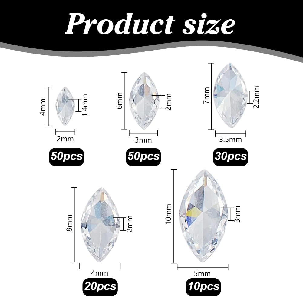 5 Sizes 160Pcs Horse Eye Shaped Clear Rhinestone Crystal 4-10mm Clear Pointed Back Crystal Diamante Gems for Nail Art Earrings Bracelets Ring Jewelry DIY Craft Making - Image 2