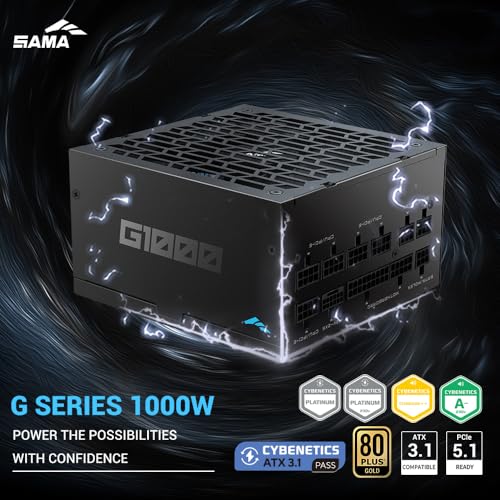 Image of SAMA G1000 1000W Gold ATX 3.1 PCIe 5.1 Fully Modular Power Supply, Black | 80 PLUS Gold Certified,Cybenetics Platinum Rated,Japanese Capacitors,PCIe 5.1 (600W),12V-2x6,ECO Silent Fan,1000W Gaming PSU