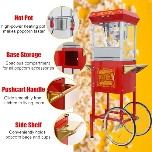 Image of Popcorn Machine with Cart & Wheels - Popcorn Maker with 14OZ Stainless Steel Kettle, popcorn popper for Home, Parties, Movie Theater, Red