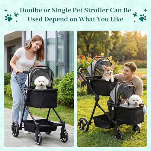Image of Foldable Double Pet Stroller for 2 Small Medium Cats Dogs | Convertible single /double | Detachable carriers | All-terrain wheels & shock | Safety brakes & tether | Breathable oxford