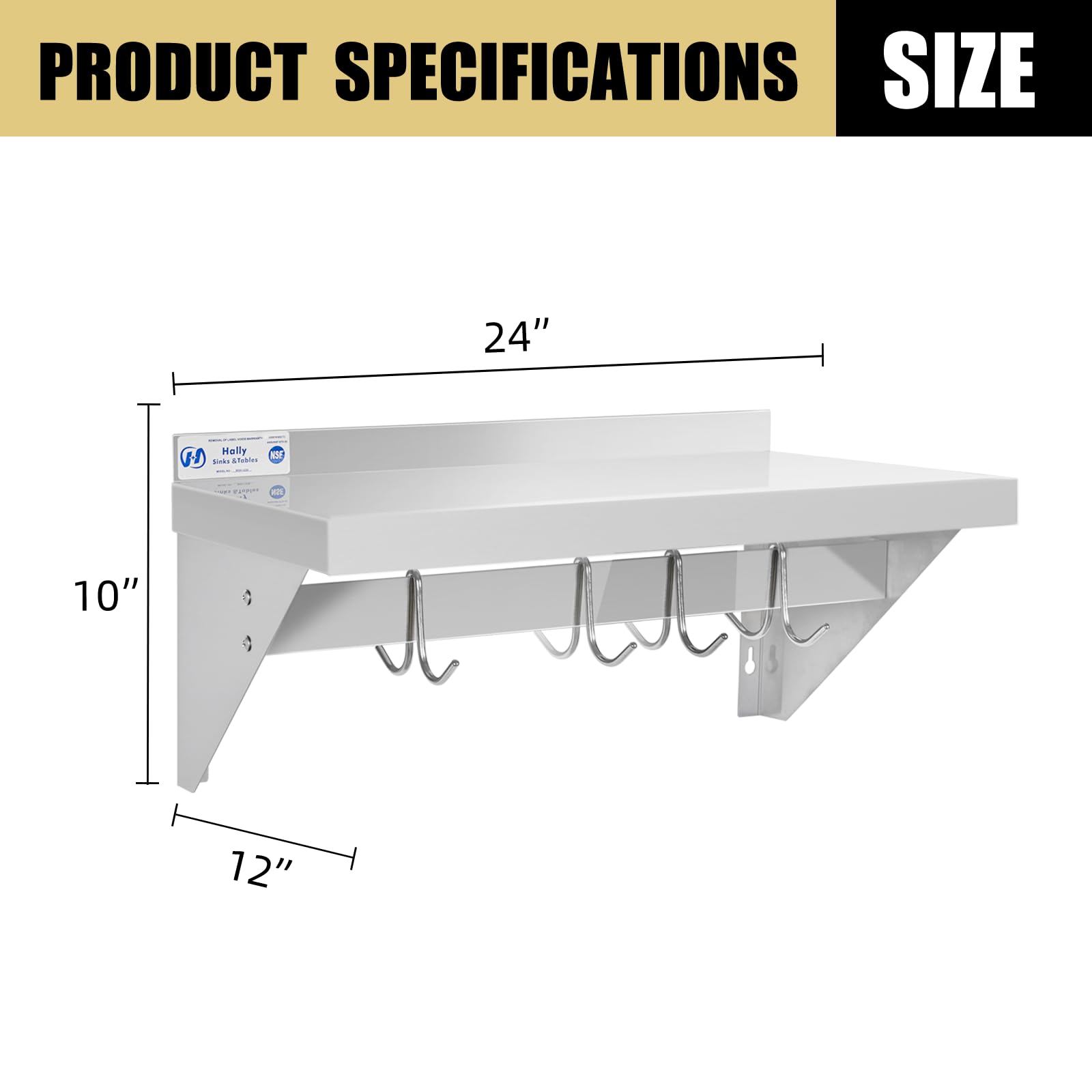 HALLY Mensola in acciaio inox con 4 ganci, 30,5 x 61 cm, scaffale galleggiante commerciale NSF per riporre pentole, padelle, pentole in ristorante, cucina, casa e hotel