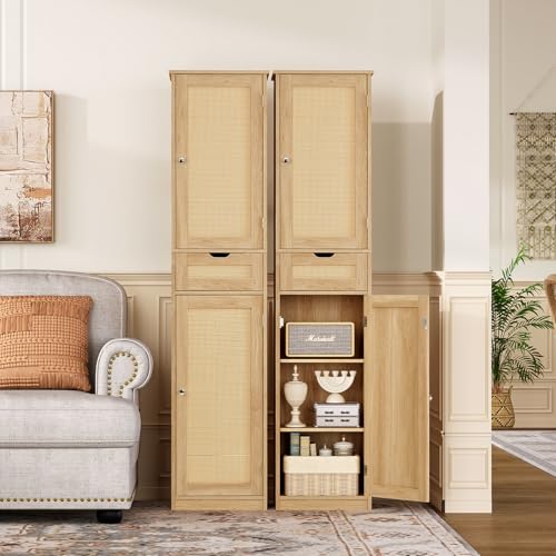 Image of TEENFON 66.9 inch H Tall Storage Cabinet with 2 Rattan Doors and 1 Drawer, Narrow Rattan Cabinet with Adjustable Shelves, for Living Room, Entryway, Kitchen, Natural