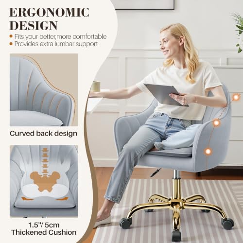Image of Vanity Chair with Wheels, Comfy Home Office Desk Chairs Adjustable Modern Velvet Makeup Vanity Chairs for Bedroom Living Room-Gray