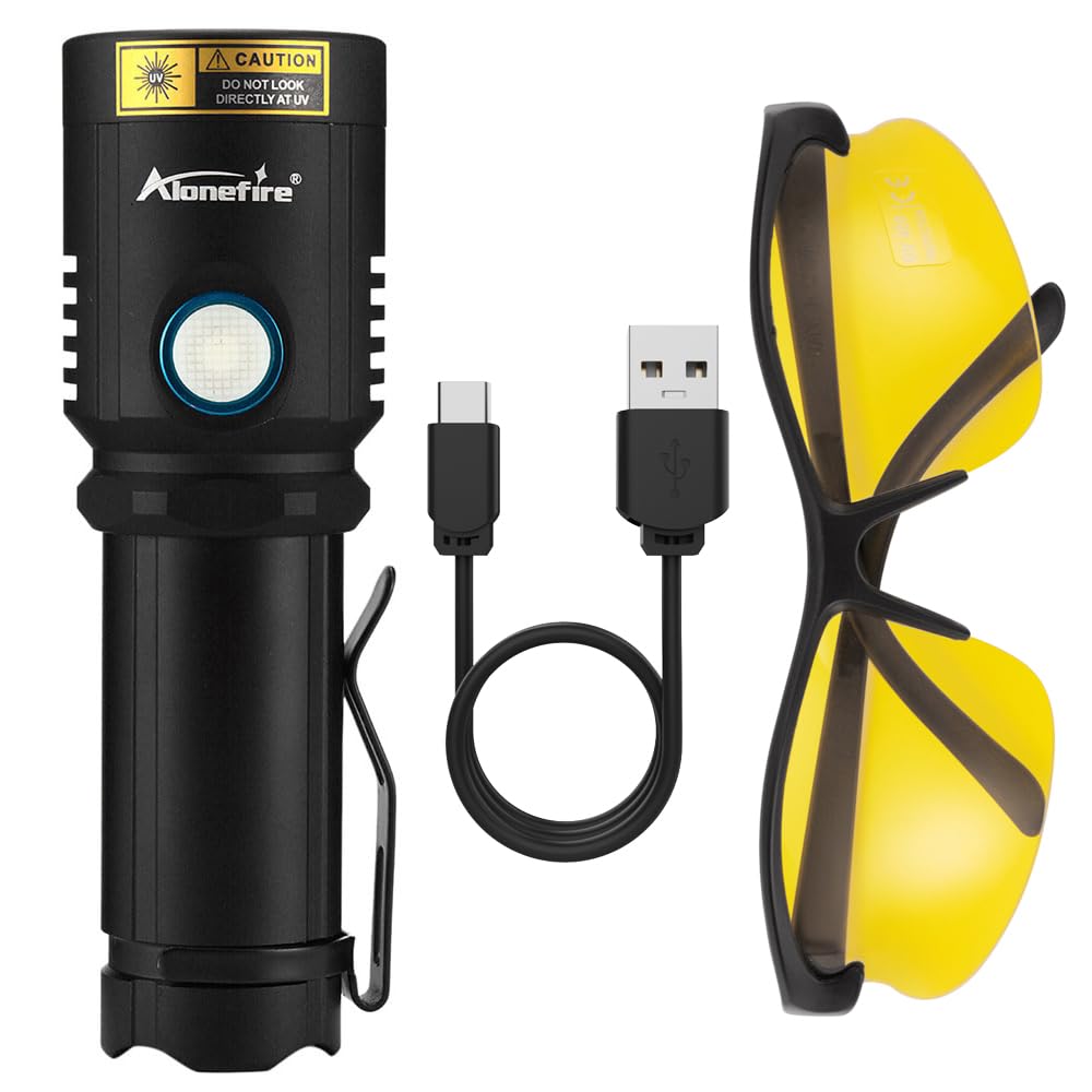 Alonefire X901UV 10W 365nm UV Taschenlampe Tragbar USB C Aufladbar Schwarzlicht Taschenlampe Haustier Urin Detektor für Harzhärtung, Angeln, Bernstein, Skorpion mit Gafas Protectoras UV, Batterie