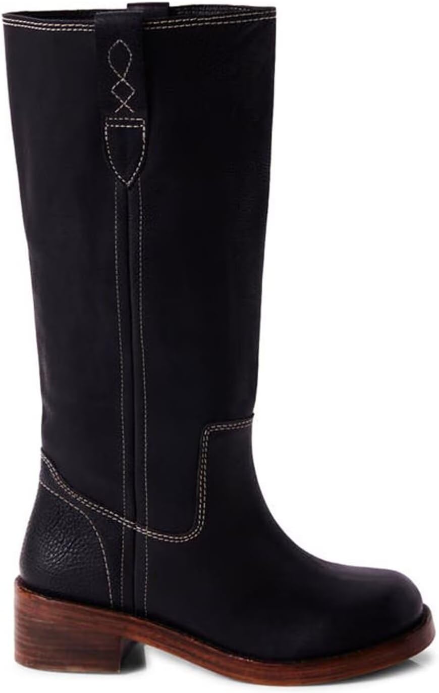 Agodor Vintage Knee High Boots for Women, Square Toe Banane Long Riding Boots Chunky Block Heel Comfortable Wide Calf Pull On Campus Boot