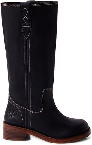 Agodor Vintage Black Knee High Boots for Women, Square Toe Banane Long Riding Bo