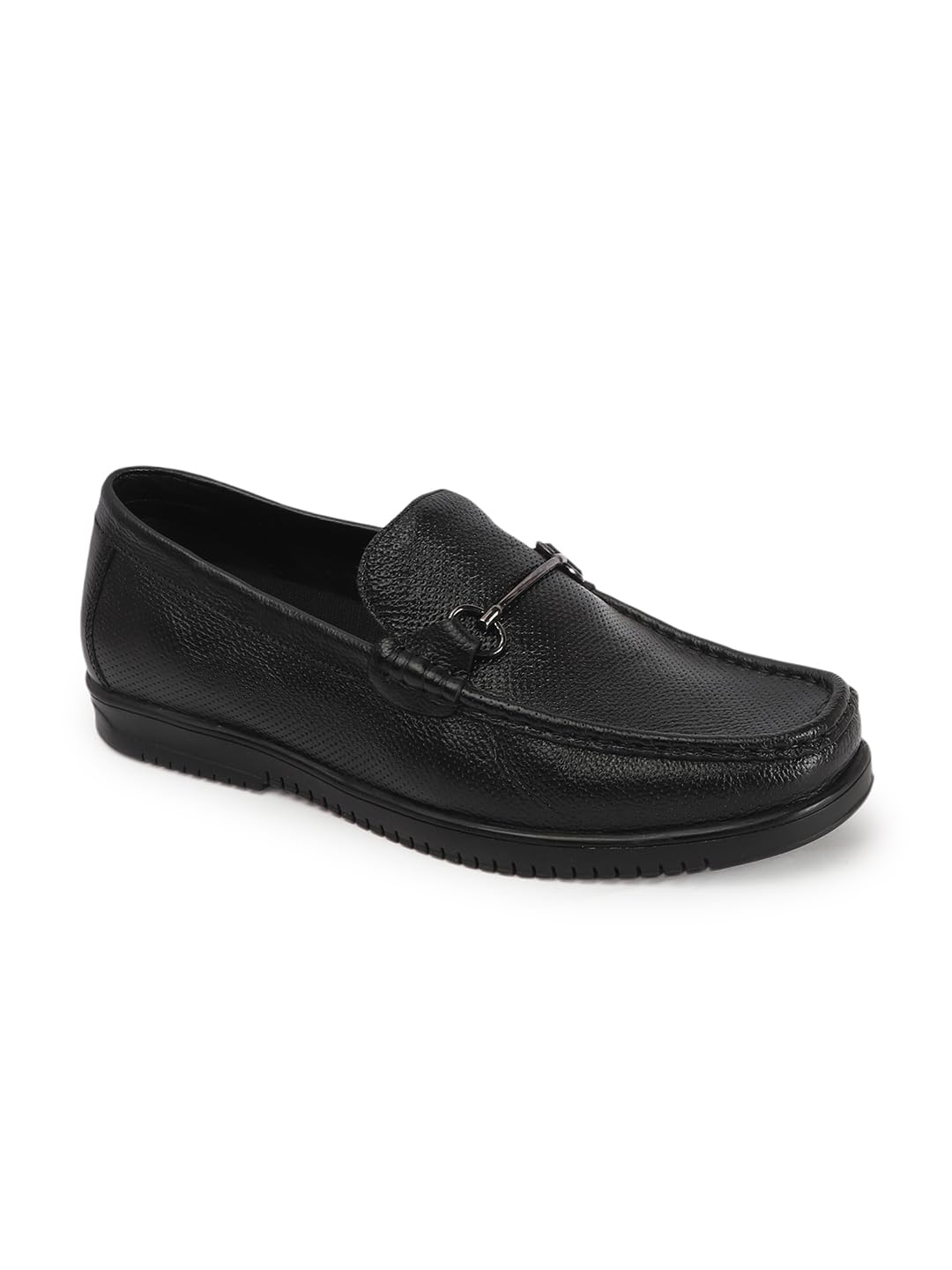 Men's Textured Slip-On Leather Loafers with Metal Bit Accent-image-49