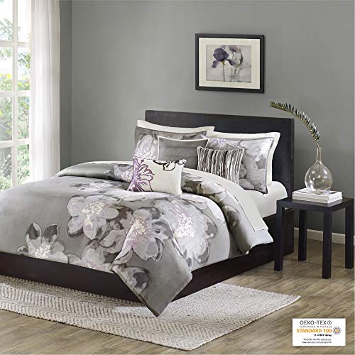 Madison Park 100% Cotton Duvet Set - Classic Traditional Design, Cozy All Season Comforter Cover, Matching Shams, Decorative Pillows Serena, Full/Queen(90"X90"), Grey 6 Piece #TOP1