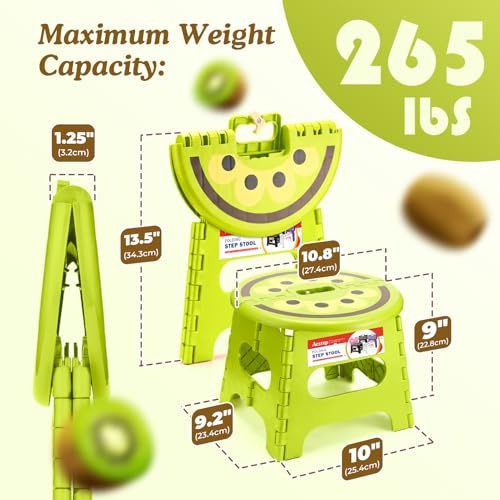 Image of ACSTEP Folding Step Stool 9 Inch, Sturdy Collapsible Step Stool Foldable Up to 265 lbs for Kids Toddlers & Adults, Non Slip Foot Stools with Handle for Kitchen, Bathroom, Bedroom, Outdoor, Kiwi Green