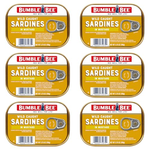 Bumble Bee Sardines in Mustard Sauce, 3.75 oz Tin - Wild Caught, Gluten Free, Keto, Kosher (Pack of 6)