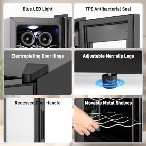 Image of Tylza 8 Bottles Wine Fridge, Wine Cellar with Low-E Tempered Glass Door, LED Touchscreen, Lock, Frost Free, No Vibration, Wine Cooler Refrigerator for Red, White, Champagne or Sparkling Wine, Black