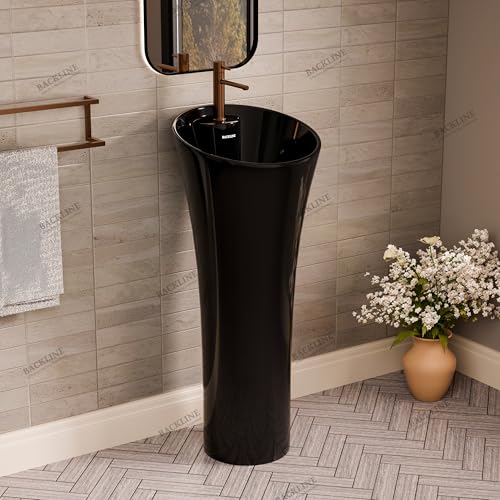Image of B BACKLINE Ceramic Design Pedestal Wash Basin Free Standing Wash Basin Bowl Sink Round For Living Room & Bathroom 15 X 15 X 35 Inch (Black Glossy)