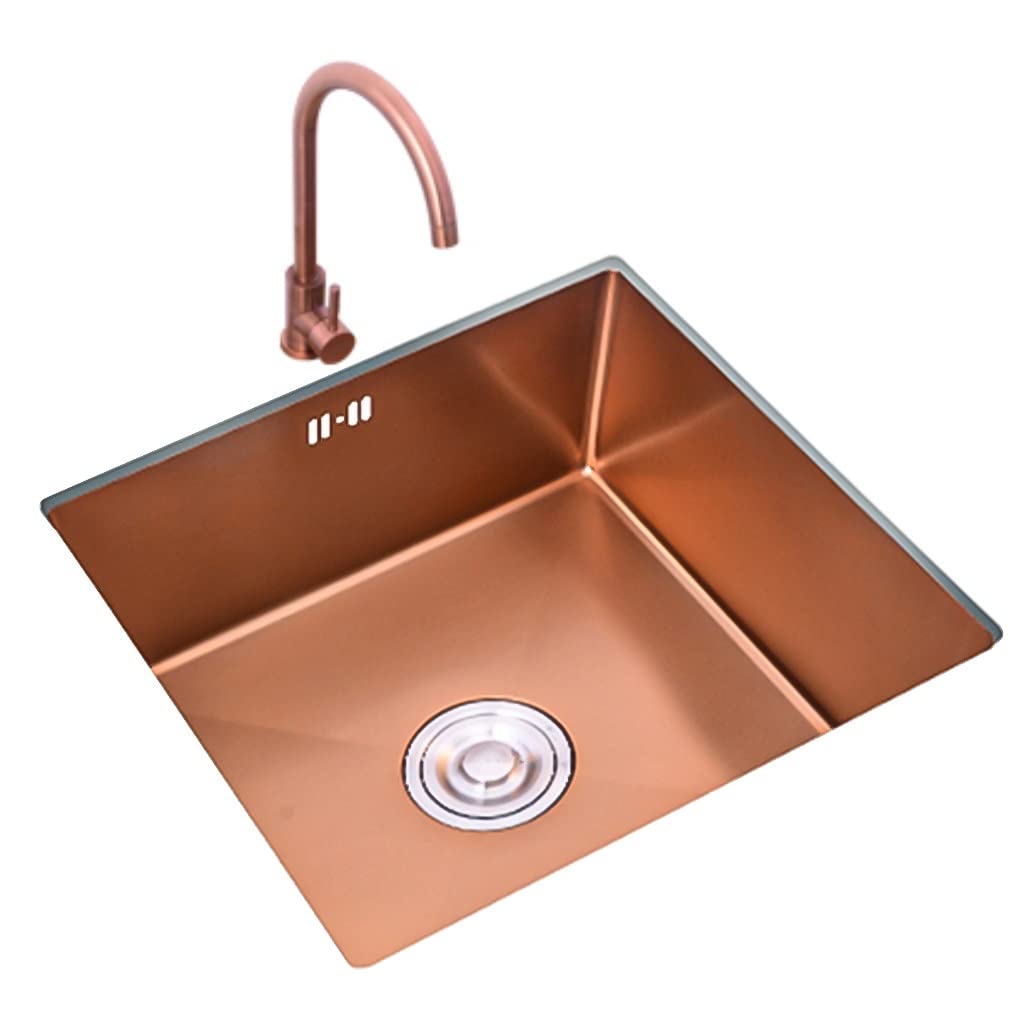 ZQFHSX Rose Golden ​Kitchen Bar Sinks, With Faucet Single Bowl ​Prep Sink, Brushed Stainless Steel, Drop-In Or Undermount Installation, Easy To Clean (Color : Golden~A, Size 38x38cm)