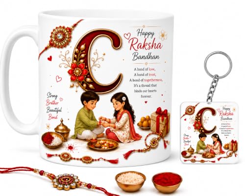 Image of Raksha Bandhan Alphabet C Coffee Mug with Matching Square Keychain | Includes Rakhi, Roli & Chawal | 350 ML Ceramic Printed Cup | Brother Sister Festival Collection