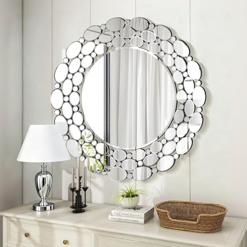 Image of 32 inch Large Round Wall Mirrors, Modern Silver Mirror for Wall Decor, Elegant Decorative Mirror for Entryway, Living Room, Bedroom, Bathroom, Dining Room