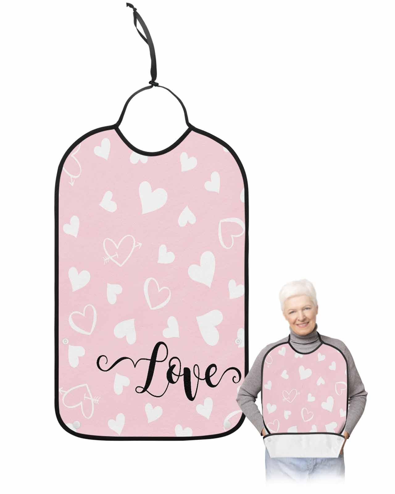 LEOKOTI Pink Love Heart Valentines Adult Bibs for Eating, Waterproof Bibs with Food Catcher & Adjustable Snap Closure, Love Watercolor Washable Clothing Protectors Adult Bibs for Elderly