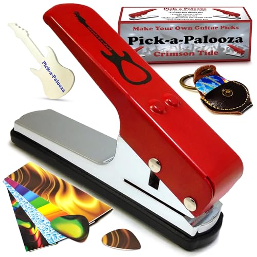 Pick-a-Palooza DIY Guitar Pick Punch Gift Pack - Premium Pick-Maker with Leather Key Chain Holder 4 Strips and a File - Red