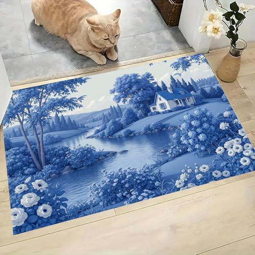Paillasson Entree Antidérapant 80x120 cm Tapis Indigo Rétro