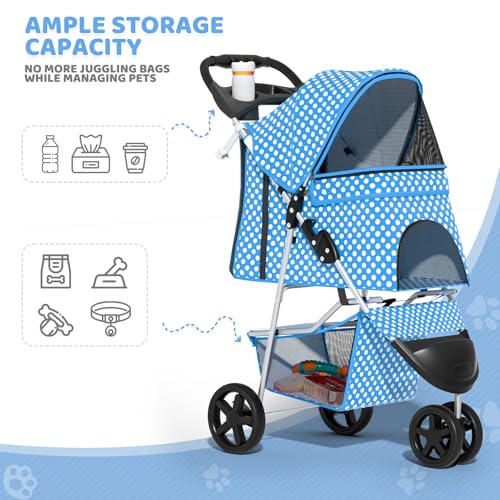 Image of Magshion 3-Wheel Pet Stroller, Foldable Travel Jogger for Small & Medium Dogs & Cats (Up to 33lbs), Lightweight Carrier with Breathable Mesh Cover, Cup Holder & Storage Basket, Sky Blue Polka Dots