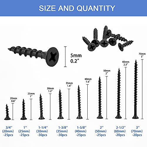 Xool 200Pcs Drywall Screws #7 Coarse Thread Sharp Point Self Tapping Screws Assortment Kit Black, Carbon Steel Wood Screws For Drywall Sheetrock, Wood, Furniture Cabinet #TOP1