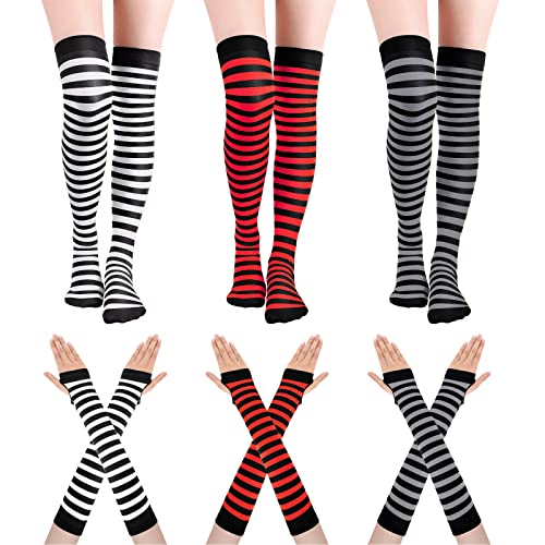SATINIOR 6 Pair Halloween Women's Striped Knee High Winter Thigh Socks Arm Warmer Fingerless Gloves Christmas