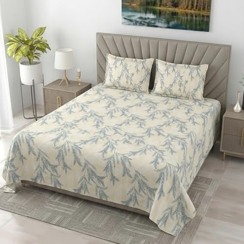Image of Mafatlal King Size Bedsheet, Beige with Blue Leaf Print, 186 TC Metro Cotton, 108 x 108 Inch, Soft & Breathable, with 2 Pillow Covers | Cream Blue 2