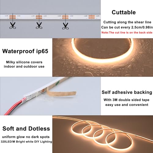 Image of TOPAI Ultra Thin Neon LED Strip Waterproof 3000K Warm White 24V, 5x3mm Triple Sided 180 Lighting, 16.4ft Self Adhesive, CRI>90 320 LED /m Dense Dotless, Flexible & Cuttable (Power Supply Not Included)