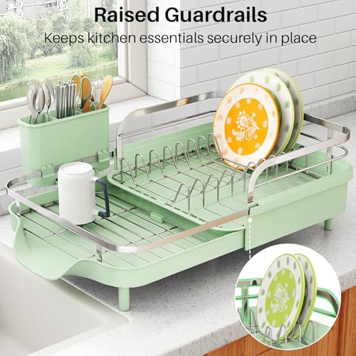 Image of SAYZH Dish Drying Rack - Expandable Dish Rack for Kitchen Counter, Rust-Resistant Dish Drainer with Utensil Holder and Raised Guardrail, Kitchen Organizer for Cup and Bottle (Green)