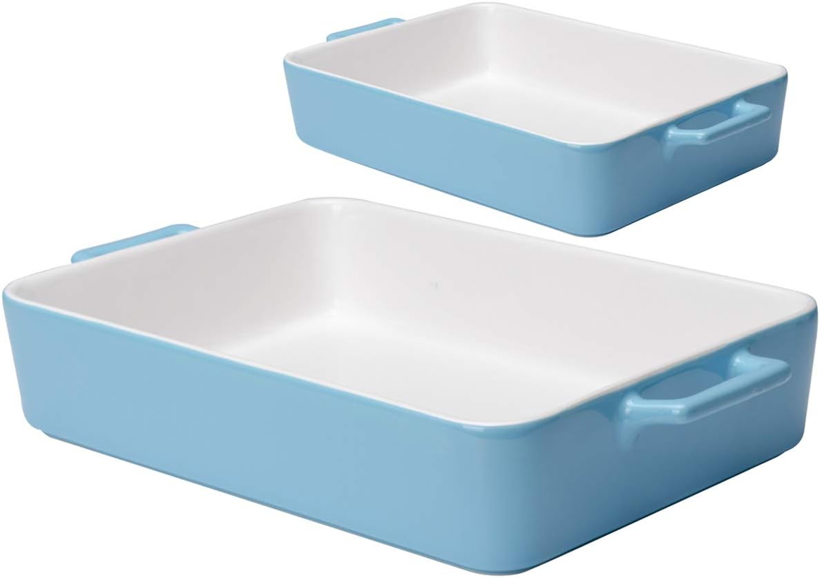 Xiteliy Ceramic Bakeware Set Baking Dish Lasagna Pans Casserole Dish Square Brownie Pan with Double Handle (2, Light Blue)