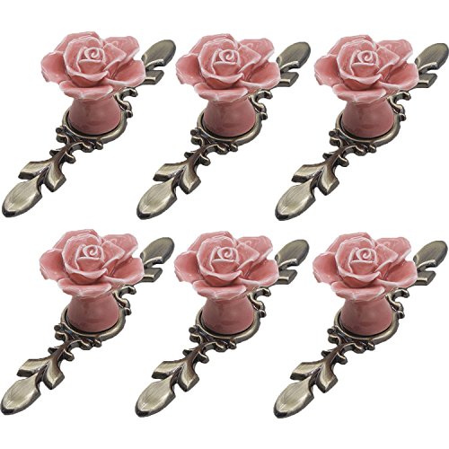 6 pomelli per porte/maniglie per cassetti/maniglie per mobili in ceramica rosa floreale vintage fatti a mano con base in ottone antico-accessori per decorazioni per la casa (rosa 119 x 40 x 45 mm)