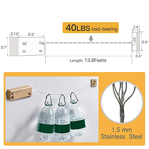 Image of BESy Retractable Clothesline ABS case+Aluminum Dryer with Adjustable Stainless Steel Double Rope String Hotel Style Heavy Duty,Wall Mounted Method, 13.8 Feets,Gold