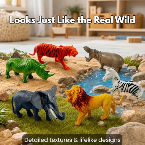 Image of ZESTHOME Bring the Jungle Home | 6PCS Wild Animal Toy Figures for Kids 3+ | Lion, Tiger, Elephant, Zebra, Rhino & Hippo | Ultimate Safari Playset | Perfect First Wildlife Collection