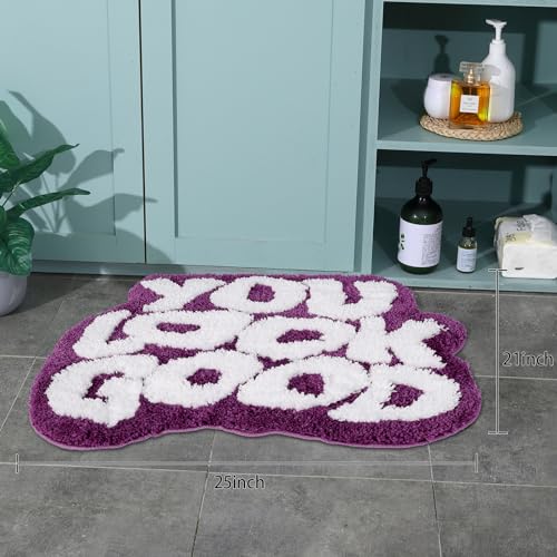 Image of TOIVO You Look Good Bath Mat - Stylish Funny Pink Bathroom Rug with Cute Words, Absorbent & Non-Slip - 25x21 inch (Purple)