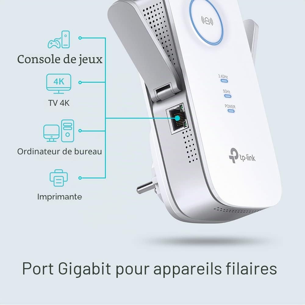 TP-link RE655 AC2600 répéteur WiFi (double WiFi AC + N, 1733 Mbps à 5 GHz + 800 Mbps à 2,4 GHz, port LAN Gigabit, contrôle de l'application, couverture maximale
