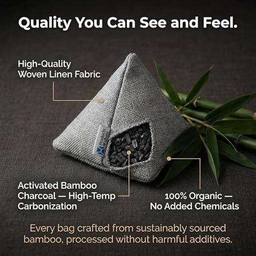 Image of 4 pack Naturally Activated Bamboo Charcoal Air Purifying Bags | Natural Home Deodorizer Bag | Charcoal Bag Odor Absorber For Pets | Odor Eliminator & Moisture Absorber Air Freshener Bag (200g Pyramid)