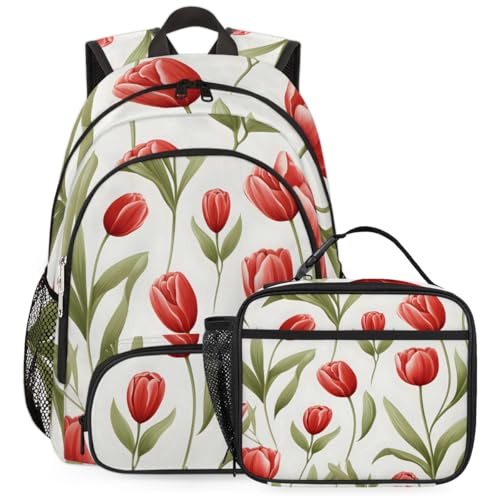 TropicalLife Red Tulips Backpack with Lunch Box Set, Back Pack and Lunch Bag Red Tulips Waterproof Casual Daypack Bag for Work Travel