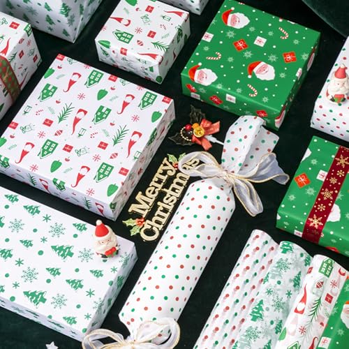Image of Larcenciel Christmas Tissue Paper - 60 Vintage Green & Red Sheets, Santa Snowflakes Xmas Wrapping Paper for Gift Bags, Gift Wrap, Crafts, Party Decor - 20x14in