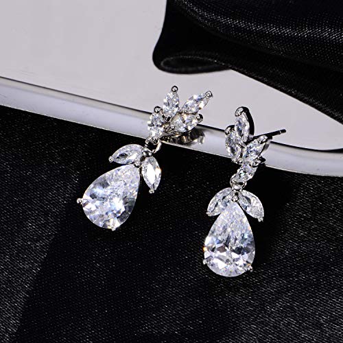 Cz Bridal Earrings For Wedding - 14K Gold/White Gold Plated Teardrop Cz Cluster Floral Leaf Crystal Rhinestone Dangle Drop Earring For Bride Bridesmaids Mother Of Bride Party Prom Earrings For Women Girls #TOP2