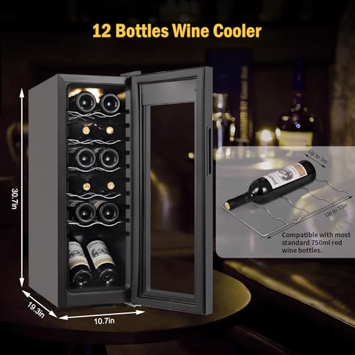 Image of Wine Fridge 12 Bottles, Small Wine Cooler Refrigerator Freestanding with Digital Temperature Control Safety Lock, Frost Free for Red White Wine, Champagne