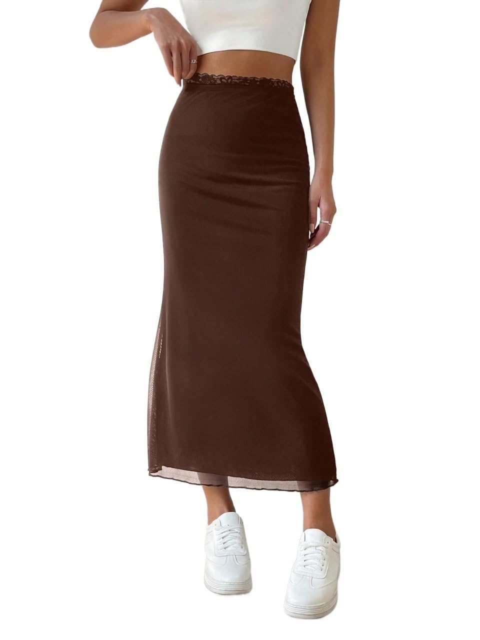 Womens Summer Flowy Skirt Dress Solid Color Mesh Lace Trim Midi Long Skirt