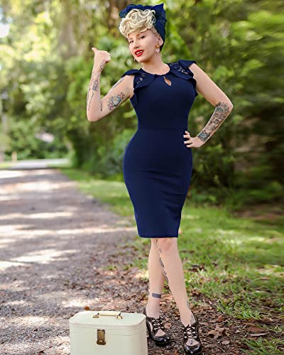 Knitee Women's Vintage Ruffle Trim Lace Sleeveless Bodycon Cocktail Dress (A-Navy Blue, Medium) #TOP2