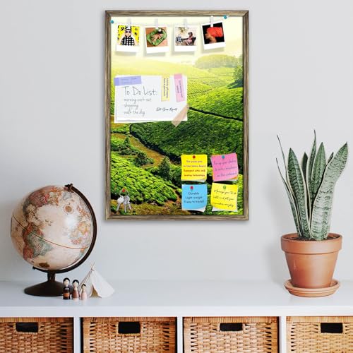 Image of ArtzFolio Tea Plantations, Munnar, Kerala | Bulletin Board Notice Pin Board | Vision Soft Board Combo with Thumb Push Pins & Sticky Notes | Antique Golden Frame | 20 x 30 inch (51 x 76 cms)