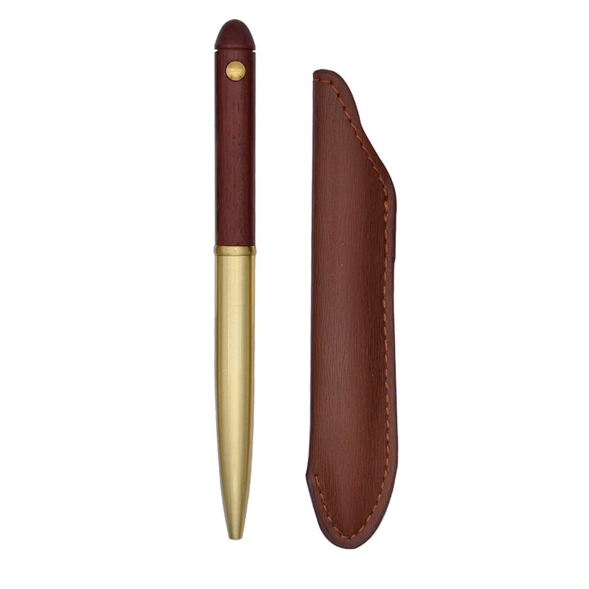 SIPLIV Handcrafted Brass Wooden Ballpoint Pen Gel Ink Pen Black Ink Business Gift Pen with PU Leather Pen Pouch - Brown-red