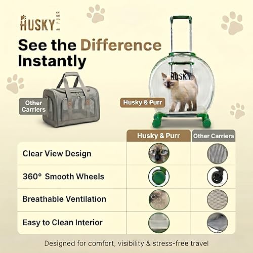 Image of Husky & Purr PopGo Pet Carrier with Wheels for Cats & Small Dogs | Transparent Cat Bag Carrier Trolley with Telescopic Handle | Dog Carrying Bag, Up to 8kgs, Green