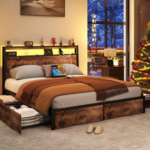 Image of Queen Bed Frame with 4 Storage Drawers, Queen Size Bed Frame, Vintage Brown | LED Light, Charging Station, Wood Headboard, Metal Platform, No Box Spring Needed, Noise Free, Easy Assembly