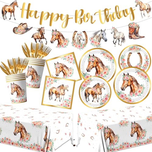 143Pcs Cowgirl Birthday Party Decorations Horse Party Supplies Tableware Includes Plates Napkins Cups Banner Tablecloth for Girl Birthday Decorations Rodeo Bachelorette Fairy Party