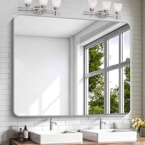 Image of KOCUUY Silver Bathroom Mirror, 40x48 Inch Large Bathroom Mirror for Over Sink, HD Tempered Glass, Anti-Rust Brushed Silver Frame, Rounded Corner Modern Design for Bathroom, Hang Horizontal /Vertical