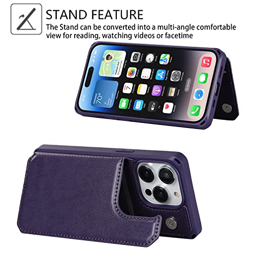 Image of Cavor for iPhone 14 Pro Case with Card Holder,iPhone 14 Pro Wallet Case for Women Men,Phone Case for iPhone 14 pro with Stand Credit Card Holder, Leather Strap Shockproof Cover- Dark Purple