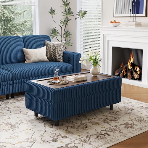 Image of LINSY HOME Sectional Sleeper Sofa Storage Ottoman Bench, Convertible Coffee Table Plush Corduroy Couch Ottoman Footstool for Living Room, Bedroom Entryway and Family Room, Blue