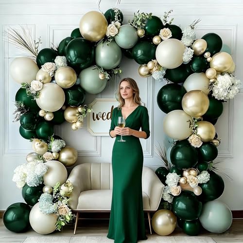 Image of Emerald Green Gold Balloon Arch Kit Double Stuffed Dark Dusty Green Pearl White Sand Latex Balloon Garland for Birthday Baby Shower Wedding Anniversary Graduation Jungle St. Patrick's Day Party
